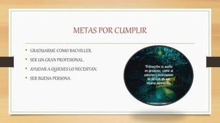 METAS POR CUMPLIR
• GRADUARME COMO BACHILLER.
• SER UN GRAN PROFESIONAL.
• AYUDAR A QUIENES LO NECESITAN.
• SER BUENA PERSONA.
 