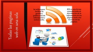 Todaslaspaginas
webenunasola
Se utiliza para
facilitar la
gestión y
publicación de
información y
noticia webs.
RSS es una forma
estandarizada de
distribución de la
información de las
páginas web a los
lectores de las
páginas.
 