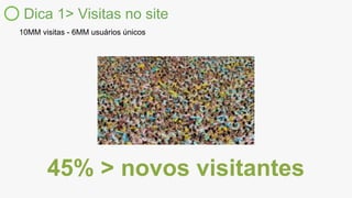 Dica 1> Visitas no site
10MM visitas - 6MM usuários únicos
45% > novos visitantes
 