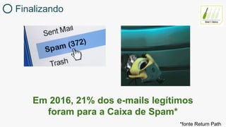 Finalizando
Em 2016, 21% dos e-mails legítimos
foram para a Caixa de Spam*
*fonte Return Path
 