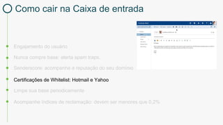 Engajamento do usuário
Certificações de Whitelist: Hotmail e Yahoo
Nunca compre base: alerta spam traps.
Limpe sua base periodicamente
Acompanhe índices de reclamação: devem ser menores que 0,2%
Senderscore: acompanhe a reputação do seu domínio
Como cair na Caixa de entrada
 