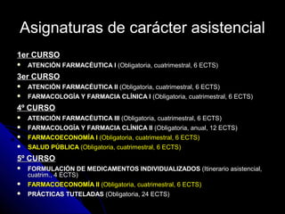 Asignaturas de carácter asistencialAsignaturas de carácter asistencial
1er CURSO1er CURSO
 ATENCIÓN FARMACÉUTICA IATENCIÓN FARMACÉUTICA I (Obligatoria, cuatrimestral, 6 ECTS)(Obligatoria, cuatrimestral, 6 ECTS)
3er CURSO3er CURSO
 ATENCIÓN FARMACÉUTICA IIATENCIÓN FARMACÉUTICA II (Obligatoria, cuatrimestral, 6 ECTS)(Obligatoria, cuatrimestral, 6 ECTS)
 FARMACOLOGÍA Y FARMACIA CLÍNICA IFARMACOLOGÍA Y FARMACIA CLÍNICA I (Obligatoria, cuatrimestral, 6 ECTS)(Obligatoria, cuatrimestral, 6 ECTS)
4º CURSO4º CURSO
 ATENCIÓN FARMACÉUTICA IIIATENCIÓN FARMACÉUTICA III (Obligatoria, cuatrimestral, 6 ECTS)(Obligatoria, cuatrimestral, 6 ECTS)
 FARMACOLOGÍA Y FARMACIA CLÍNICA IIFARMACOLOGÍA Y FARMACIA CLÍNICA II (Obligatoria, anual, 12 ECTS)(Obligatoria, anual, 12 ECTS)
 FARMACOECONOMÍA IFARMACOECONOMÍA I (Obligatoria, cuatrimestral, 6 ECTS)(Obligatoria, cuatrimestral, 6 ECTS)
 SALUD PÚBLICASALUD PÚBLICA (Obligatoria, cuatrimestral, 6 ECTS)(Obligatoria, cuatrimestral, 6 ECTS)
5º CURSO5º CURSO
 FORMULACIÓN DE MEDICAMENTOS INDIVIDUALIZADOSFORMULACIÓN DE MEDICAMENTOS INDIVIDUALIZADOS (Itinerario asistencial,(Itinerario asistencial,
cuatrim., 4 ECTS)cuatrim., 4 ECTS)
 FARMACOECONOMÍA IIFARMACOECONOMÍA II (Obligatoria, cuatrimestral, 6 ECTS)(Obligatoria, cuatrimestral, 6 ECTS)
 PRÁCTICAS TUTELADASPRÁCTICAS TUTELADAS (Obligatoria, 24 ECTS)(Obligatoria, 24 ECTS)
 