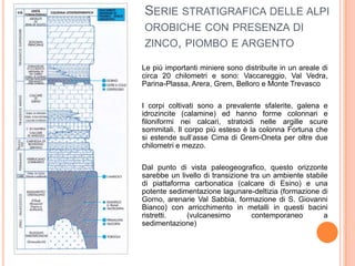 SERIE STRATIGRAFICA DELLE ALPI
OROBICHE CON PRESENZA DI
ZINCO, PIOMBO E ARGENTO
Le più importanti miniere sono distribuite in un areale di
circa 20 chilometri e sono: Vaccareggio, Val Vedra,
Parina-Plassa, Arera, Grem, Belloro e Monte Trevasco
I corpi coltivati sono a prevalente sfalerite, galena e
idrozincite (calamine) ed hanno forme colonnari e
filoniformi nei calcari, stratoidi nelle argille scure
sommitali. Il corpo più esteso è la colonna Fortuna che
si estende sull’asse Cima di Grem-Oneta per oltre due
chilometri e mezzo.
Dal punto di vista paleogeografico, questo orizzonte
sarebbe un livello di transizione tra un ambiente stabile
di piattaforma carbonatica (calcare di Esino) e una
potente sedimentazione lagunare-deltizia (formazione di
Gorno, arenarie Val Sabbia, formazione di S. Giovanni
Bianco) con arricchimento in metalli in questi bacini
ristretti. (vulcanesimo contemporaneo a
sedimentazione)
 