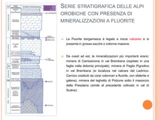 SERIE STRATIGRAFICA DELLE ALPI
OROBICHE CON PRESENZA DI
MINERALIZZAZIONI A FLUORITE
 La Fluorite bergamasca è legata a rocce calcaree e si
presenta in grosse sacche o colonne massive.
 Da ovest ad est, le mineralizzazioni più importanti erano:
miniera di Camissinone in val Brembana (ospitato in una
faglia nella dolomia principale), miniera di Paglio Pignolino
in val Brembana (si localizza nel calcare del Ladinico-
Carnico costituiti da corpi colonnari a fluorite, con sfalerite e
galena), miniera del laghetto di Polzone sotto il massiccio
della Presolana (simile al precedente coltivato in val di
Scalve).
 