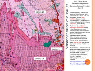ESTRATTODACARTAGEOLOGICA
Unità (24): Calcare
Metallifero Bergamasco.
Carnico Inferiore (225 milioni
di anni)
Gli affioramenti di questa unità
seguono la distribuzione della
sottostante F. di Breno dalla Val
Brembana sino alla valle
dell'Ogna. La sezione più
rappresentativa si trova presso la
miniera di Paglia Pignolino (bassa
Val Parina, quota 960 m).
Nelle zone dove il Calcare
Metallifero Bergamasco risulta
mineralizzato sono presenti
tasche sino a pluridecametriche
spesso strato-concordanti riempite
da sedimenti interni
carbonatici, silicei, calcite o
dolomite spatiche, brecce di
collasso e mineralizzazioni a
fluorite, barite, blenda, galena.
Nella valle del Riso (Val Seriana)
la potenza media si mantiene sui
50-60 m.
In Val Seriana il limite superiore è
evidenziato dalla rapida comparsa
di calcari e calcari mamosi scuri
bioturbati della f. di Gorno.
L'ambiente deposizionale del
C.M.B. è una piana
tidale, prospiciente a lagune
costiere.
Da carta geologica di Bergamo.
Provincia di Bergamo, 2000
ESINO - 21
GORNO - 26
Metallifero 24
 