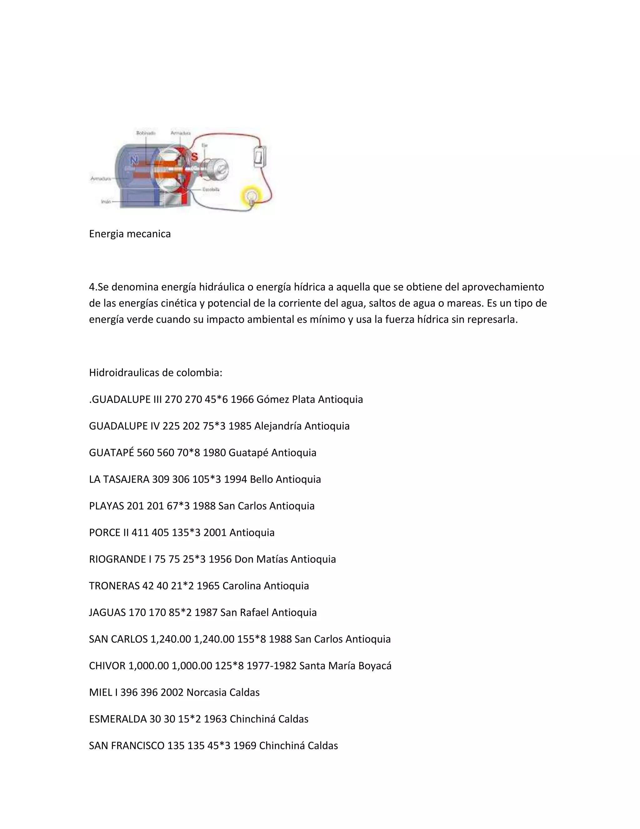 Energia mecanica



4.Se denomina energía hidráulica o energía hídrica a aquella que se obtiene del aprovechamiento
de las energías cinética y potencial de la corriente del agua, saltos de agua o mareas. Es un tipo de
energía verde cuando su impacto ambiental es mínimo y usa la fuerza hídrica sin represarla.



Hidroidraulicas de colombia:

.GUADALUPE III 270 270 45*6 1966 Gómez Plata Antioquia

GUADALUPE IV 225 202 75*3 1985 Alejandría Antioquia

GUATAPÉ 560 560 70*8 1980 Guatapé Antioquia

LA TASAJERA 309 306 105*3 1994 Bello Antioquia

PLAYAS 201 201 67*3 1988 San Carlos Antioquia

PORCE II 411 405 135*3 2001 Antioquia

RIOGRANDE I 75 75 25*3 1956 Don Matías Antioquia

TRONERAS 42 40 21*2 1965 Carolina Antioquia

JAGUAS 170 170 85*2 1987 San Rafael Antioquia

SAN CARLOS 1,240.00 1,240.00 155*8 1988 San Carlos Antioquia

CHIVOR 1,000.00 1,000.00 125*8 1977-1982 Santa María Boyacá

MIEL I 396 396 2002 Norcasia Caldas

ESMERALDA 30 30 15*2 1963 Chinchiná Caldas

SAN FRANCISCO 135 135 45*3 1969 Chinchiná Caldas
 