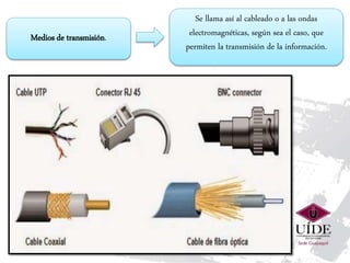 Medios de transmisión.
Se llama así al cableado o a las ondas
electromagnéticas, según sea el caso, que
permiten la transmisión de la información.
 