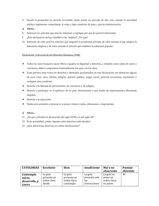 

Siendo la propiedad un derecho inviolable, nadie puede ser privado de ella, sino cuando la necesidad
pública, legalmente comprobada, lo exija, y bajo condición de justa y previa indemnización.



Ahora...

8.

Subrayen los artículos que más les interesen y explique por qué les pareció interesante.

9.

¿Esta declaración incluye también a las mujeres? ¿Por qué?

10. Subrayen de color azul los artículos que aseguren la propiedad privada, de color naranjo el que asegure la
tolerancia religiosa y de color morado el artículo que establece la soberanía popular.
Declaración Universal de los Derechos Humanos (1948)



Todos los seres humanos nacen libres e iguales en dignidad y derechos, y dotados como están de razón y
conciencia, deben comportarse fraternalmente los unos con los otros.



Toda persona tiene todos los derechos y libertades proclamados en esta Declaración, sin distinción alguna
de raza, color, sexo, idioma, religión, opinión política, origen social, posición económica, nacimiento o
cualquier otra condición.



Derecho a la libertad de pensamiento, de conciencia y de religión.



Derecho a participar en el gobierno de su país, directamente o por medio de representantes libremente
elegidos.



Derecho a la educación.



Nadie será sometido a torturas ni a penas o tratos crueles, inhumanos o degradantes.



Ahora...

11. ¿En qué coinciden la declaración del siglo XVIII y la del siglo XX?
12. En la actualidad, ¿están vigentes estos derechos individuales?
13. ¿Qué diferencias observan en ambas declaraciones?

CATEGORIAS

Excelente

Bien

insuficiente

Mal o no
observado

Puntaje
obtenido

Contempla
inicio,
desarrollo, y
cierre

La guía
presenta un
orden claro
donde

La guía
presenta un
orden claro,
contempla

La guía
presenta solo
las
instrucciones

La guía no
posee un
orden claro,
no posee

40

 