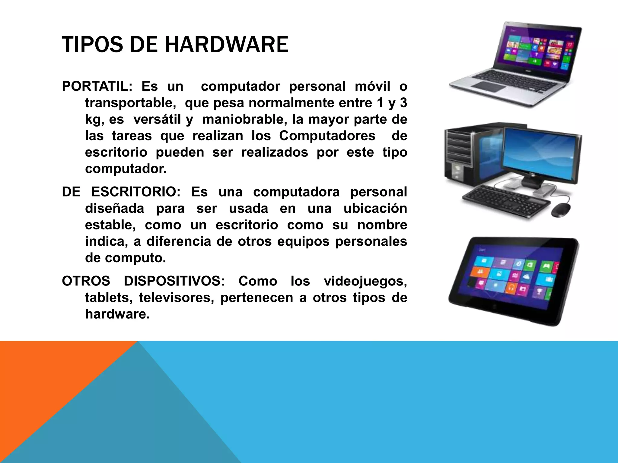 TIPOS DE HARDWARE
PORTATIL: Es un computador personal móvil o
transportable, que pesa normalmente entre 1 y 3
kg, es versátil y maniobrable, la mayor parte de
las tareas que realizan los Computadores de
escritorio pueden ser realizados por este tipo
computador.
DE ESCRITORIO: Es una computadora personal
diseñada para ser usada en una ubicación
estable, como un escritorio como su nombre
indica, a diferencia de otros equipos personales
de computo.
OTROS DISPOSITIVOS: Como los videojuegos,
tablets, televisores, pertenecen a otros tipos de
hardware.
 