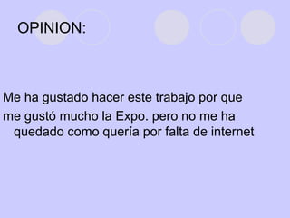 OPINION:
Me ha gustado hacer este trabajo por que
me gustó mucho la Expo. pero no me ha
quedado como quería por falta de internet
 