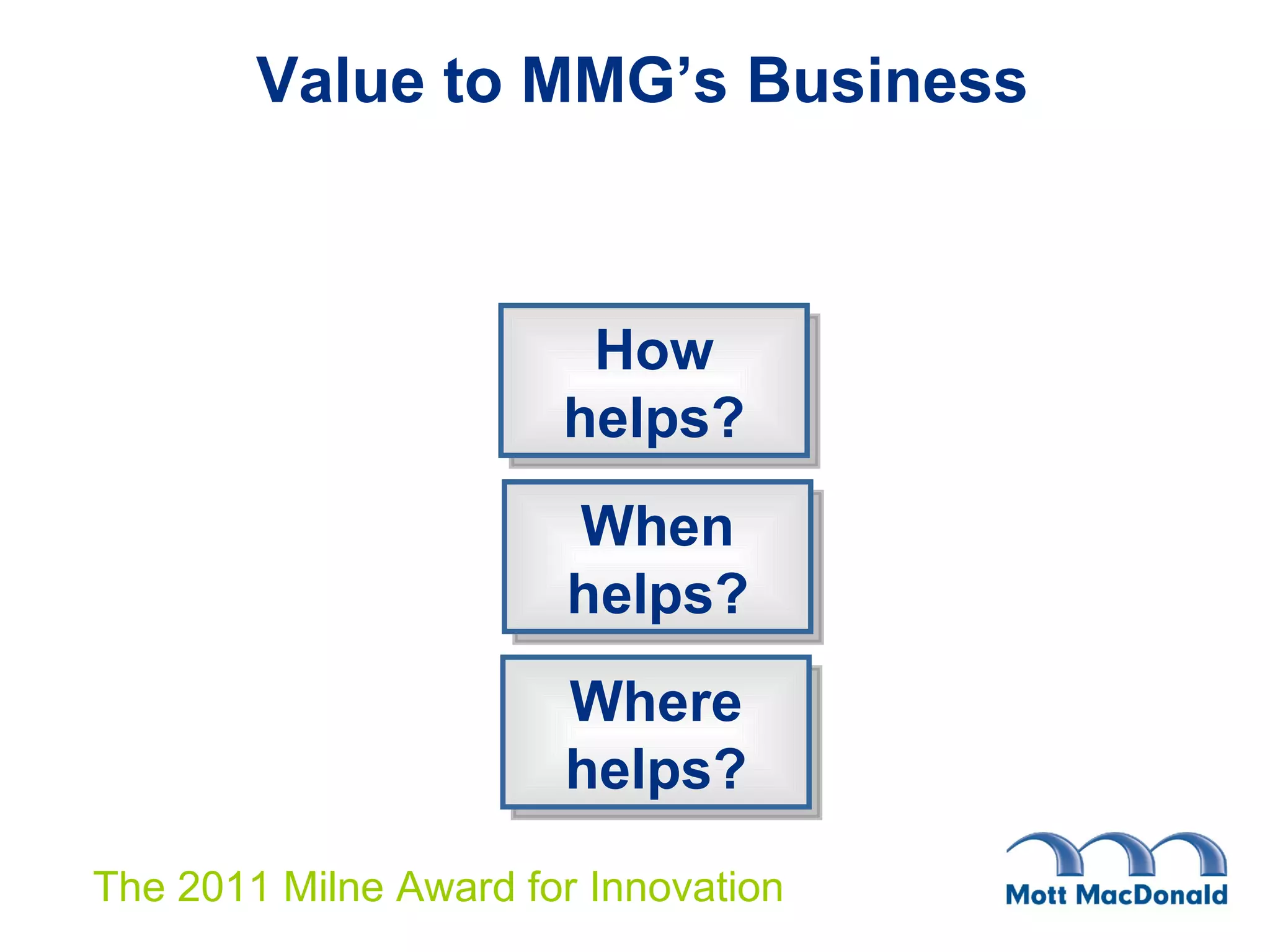 Value to MMG’s Business How helps? When helps? Where helps? 