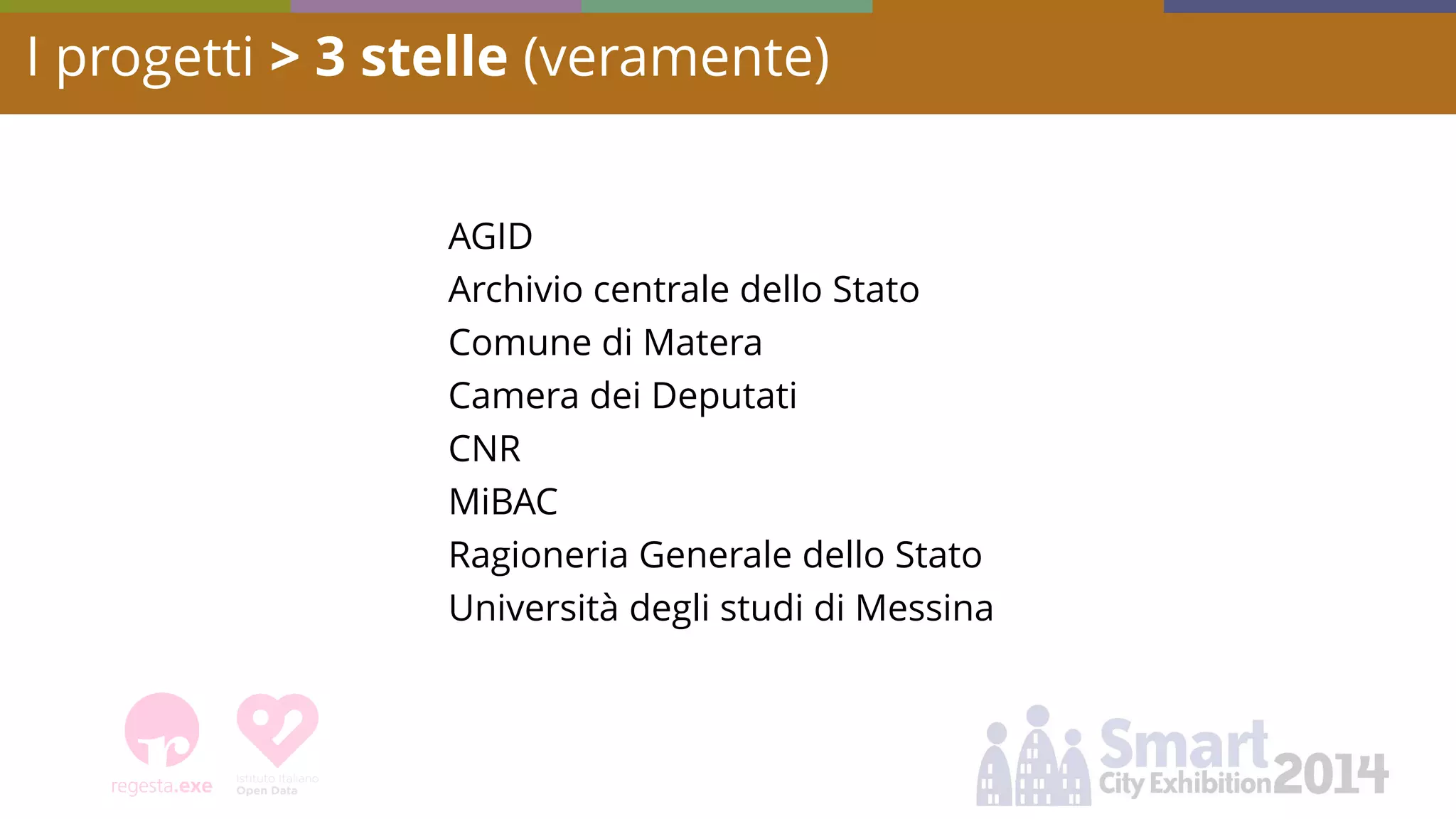 AGID Archivio centrale dello Stato Comune di Matera Camera dei Deputati CNR MiBAC Ragioneria Generale dello Stato Università degli studi di Messina 
I progetti > 3 stelle (veramente)  