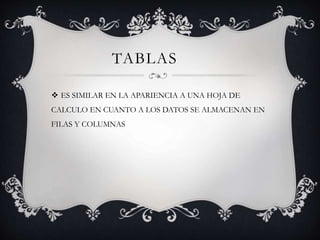 TABLAS
 ES SIMILAR EN LA APARIENCIA A UNA HOJA DE
CALCULO EN CUANTO A LOS DATOS SE ALMACENAN EN
FILAS Y COLUMNAS
 
