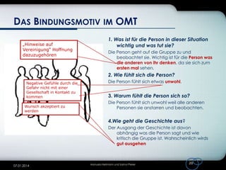 DAS BINDUNGSMOTIV IM OMT
„Hinweise auf
Vereinigung“ Hoffnung
dazuzugehören

1. Was ist für die Person in dieser Situation
wichtig und was tut sie?
Die Person geht auf die Gruppe zu und
beobachtet sie. Wichtig ist für die Person was
die anderen von ihr denken, da sie sich zum
ersten mal sehen.

2. Wie fühlt sich die Person?
Negative Gefühle durch die
Gefahr nicht mit einer
Gesellschaft in Kontakt zu
kommen
Wunsch akzeptiert zu
werden

Die Person fühlt sich etwas unwohl.

3. Warum fühlt die Person sich so?
Die Person fühlt sich unwohl weil alle anderen
Personen sie anstarren und beobachten.

4.Wie geht die Geschichte aus?
Der Ausgang der Geschichte ist davon
abhängig was die Person sagt und wie
kritisch die Gruppe ist. Wahrscheinlich wirds
gut ausgehen

07.01.2014

Manuela Heilmann und Sarina Pfeiler

20

 