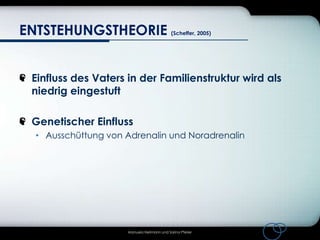 ENTSTEHUNGSTHEORIE

(Scheffer, 2005)

Einfluss des Vaters in der Familienstruktur wird als
niedrig eingestuft
Genetischer Einfluss
• Ausschüttung von Adrenalin und Noradrenalin

Manuela Heilmann und Sarina Pfeiler

 