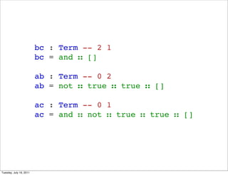 bc : Term -- 2 1
                         bc = and  []

                         ab : Term -- 0 2
                         ab = not  true  true  []

                         ac : Term -- 0 1
                         ac = and  not  true  true  []




Tuesday, July 19, 2011
 