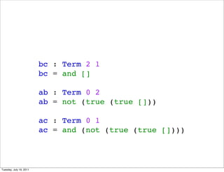 bc : Term 2 1
                         bc = and []

                         ab : Term 0 2
                         ab = not (true (true []))

                         ac : Term 0 1
                         ac = and (not (true (true [])))



Tuesday, July 19, 2011
 