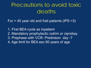 Precautions to avoid toxic
           deaths
For > 45 year old and frail patients (IPS >3)

1. First BEA cycle as inpatient
2. Mandatory prophylactic cotrim or ciprobay
3. Prephase with VCR- Prednison day -7
4. Age limit for BEA esc 60 years of age
 