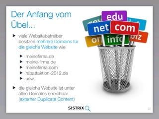Der Anfang vom
Übel...
22
viele Websitebetreiber
besitzen mehrere Domains für
die gleiche Website wie
meineﬁrma.de
meine-ﬁrma.de
meineﬁrma.com
rabattaktion-2012.de
usw.
die gleiche Website ist unter
allen Domains erreichbar
(externer Duplicate Content) 
 