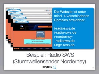 Beispiel: Radio SWS
(Sturmwellensender Norderney)
23
Die Website ist unter
mind. 4 verschiedenen
Domains erreichbar: 
‣radiosws.de

‣radio-sws.de

‣norderney-radiosws.de

‣ngv-rass.de
 