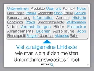 61
Viel zu allgemeine Linktexte  
wie man sie auf den meisten
Unternehmenswebsites ﬁndet
Unternehmen Produkte Über uns Kontakt News
Leistungen Presse Angebote Shop Preise Service
Reservierung Information Anreise Historie
Sonstiges Praxis Sonderangebote Willkommen
Video Veranstaltungen Bilder Prospekte
Arrangements Buchen Ausbildung Jobs
Firmenproﬁl Fragen Übersicht Aktuelles Sales
 