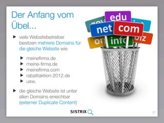 Der Anfang vom
Übel...
22
viele Websitebetreiber
besitzen mehrere Domains für
die gleiche Website wie
meineﬁrma.de
meine-ﬁ...