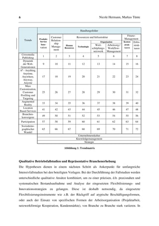 6                                                                             Nicole Hermann, Markus Tünte



                                                            Handlungsfelder
                                                                                                Finanz-
                               Customer            Ressourcen und Infrastruktur
                    Produkt-                                                                 Management
      Trends                   Relation-
                    Service                                            Organisation         Kosten- Erlös-
                                 ship
                     Inno-                Human                    Wert-       Arbeitsorg./ struk- struk-
                               Manage-             Technologie
                     vation              Resources              schöpfungs- Workflow-        turen    turen
                                 ment
                                                                  netzwerk Management
  Crossmedia
                       1            2           3            4            5            6         7      8
  Publishing
   Dynamik
   der Web-            9            10       11              12           13           14        15     16
 Generationen
A⁵ - Anything,
   Anytime,
  Anywhere,           17            18       19              20           21           22        23     24
   Anyway,
    Anyone
     Mass
Customization,
   Customer           25            26       27              28           29           30        31     32
 Profiling und
   Targeting
  Augmented
                      33            34       35              36           37           38        39     40
    Reality
   Location
                      41            42       43              44           45           46        47     48
Based Services
   Branchen-
                      49            50       51              52           53           54        55     56
  konvergenz
    Partizipation     57            58       59              60           61           62        63     64
    Soziodemo-
    graphischer       65            66       67              68           69           70        71     72
      Wandel
                                                       Unternehmenskultur
                                                      Knowledgemanagement
                                                            Strategie

                                          Abbildung 1: Trendmatrix



Qualitative Betriebsfallstudien und Repräsentative Branchenerhebung
Die Hypothesen dienen in einem nächsten Schritt als Ankerpunkt für umfangreiche
Intensivfallstudien bei den beteiligten Verlagen. Bei der Durchführung der Fallstudien werden
unterschiedliche qualitative Ansätze kombiniert, um zu einer präzisen, d.h. praxisnahen und
systematischen Bestandsaufnahme und Analyse der eingesetzten Flexibilisierungs- und
Innovationsstrategien          zu   gelangen.       Diese    ist   deshalb     notwendig,   da   eingesetzte
Flexibilisierungsinstrumente wie z.B. der Rückgriff auf atypische Beschäftigungsformen,
oder auch der Einsatz von spezifischen Formen der Arbeitsorganisation (Projektarbeit,
netzwerkförmige Kooperation, Kundenmärkte), von Branche zu Branche stark variieren. In
 