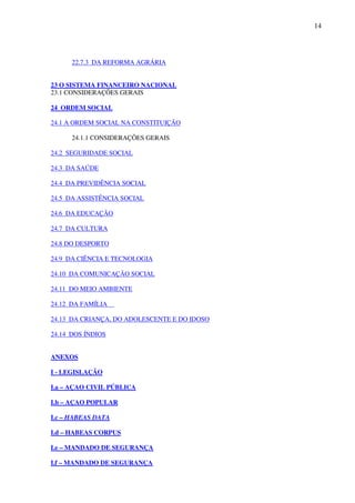 14
22.7.3 DA REFORMA AGRÁRIA
23 O SISTEMA FINANCEIRO NACIONAL
23.1 CONSIDERAÇÕES GERAIS
24 ORDEM SOCIAL
24.1 A ORDEM SOCIAL NA CONSTITUIÇÃO
24.1.1 CONSIDERAÇÕES GERAIS
24.2 SEGURIDADE SOCIAL
24.3 DA SAÚDE
24.4 DA PREVIDÊNCIA SOCIAL
24.5 DA ASSISTÊNCIA SOCIAL
24.6 DA EDUCAÇÃO
24.7 DA CULTURA
24.8 DO DESPORTO
24.9 DA CIÊNCIA E TECNOLOGIA
24.10 DA COMUNICAÇÃO SOCIAL
24.11 DO MEIO AMBIENTE
24.12 DA FAMÍLIA
24.13 DA CRIANÇA, DO ADOLESCENTE E DO IDOSO
24.14 DOS ÍNDIOS
ANEXOS
I - LEGISLAÇÃO
I.a – AÇAO CIVIL PÚBLICA
I.b – AÇAO POPULAR
I.c – HABEAS DATA
I.d – HABEAS CORPUS
I.e – MANDADO DE SEGURANÇA
I.f – MANDADO DE SEGURANÇA
 