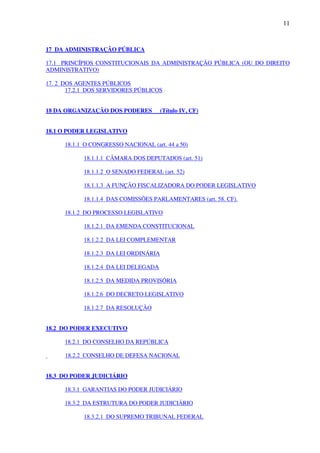11
17 DA ADMINISTRAÇÃO PÚBLICA
17.1 PRINCÍPIOS CONSTITUCIONAIS DA ADMINISTRAÇÃO PÚBLICA (OU DO DIREITO
ADMINISTRATIVO)
17. 2 DOS AGENTES PÚBLICOS
17.2.1 DOS SERVIDORES PÚBLICOS
18 DA ORGANIZAÇÃO DOS PODERES (Título IV, CF)
18.1 O PODER LEGISLATIVO
18.1.1 O CONGRESSO NACIONAL (art. 44 a 50)
18.1.1.1 CÂMARA DOS DEPUTADOS (art. 51)
18.1.1.2 O SENADO FEDERAL (art. 52)
18.1.1.3 A FUNÇÃO FISCALIZADORA DO PODER LEGISLATIVO
18.1.1.4 DAS COMISSÕES PARLAMENTARES (art. 58. CF).
18.1.2 DO PROCESSO LEGISLATIVO
18.1.2.1 DA EMENDA CONSTITUCIONAL
18.1.2.2 DA LEI COMPLEMENTAR
18.1.2.3 DA LEI ORDINÁRIA
18.1.2.4 DA LEI DELEGADA
18.1.2.5 DA MEDIDA PROVISÓRIA
18.1.2.6 DO DECRETO LEGISLATIVO
18.1.2.7 DA RESOLUÇÃO
18.2 DO PODER EXECUTIVO
18.2.1 DO CONSELHO DA REPÚBLICA
18.2.2 CONSELHO DE DEFESA NACIONAL
18.3 DO PODER JUDICIÁRIO
18.3.1 GARANTIAS DO PODER JUDICIÁRIO
18.3.2 DA ESTRUTURA DO PODER JUDICIÁRIO
18.3.2.1 DO SUPREMO TRIBUNAL FEDERAL
 