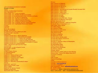 LISTA DE PRESENTACIONES EN ESPAÑOL
Revisado 13-3-2022
Abuelos
Adviento y Navidad, tiempo de esperanza
Amor y Matrimonio 1 - 9
Amoris Laetitia – ch 1 – A la luz de la Palabre
Amoris Laetitia – ch 2 – Realidad y Desafíos de las Familias
Amoris Laetitia – ch 3 La mirada puesta en Jesús: Vocación de la Familia
Amoris Laetitia – ch 4 - El Amor en el Matrimonio
Amoris Laetitia – ch 5 – Amor que se vuelve fecundo
Amoris Laetitia – ch 6 – Algunas Perspectivas Pastorales
Amoris Laetitia – ch 7 – Fortalecer la educacion de los hijos
Amoris Laetitia – ch 8 – Acompañar, discernir e integrar la fragilidad
Amoris Laetitia – ch 9 – Espiritualidad Matrimonial y Familiar
Carnaval
Conciencia
Cristo Vive
Dia de todos los difuntos
Domingo – día del Señor
El camino de la cruz de JC en dibujos para niños
El Cuerpo, el culto – (eucarisía)
Espíritu Santo
Familiaris Consortio (FC) 1 – iglesia y familia hoy
Familiaris Consortio (FC) 2 - el plan de Dios para la familia
Familiaris Consortio (FC) 3 – 1 – familia como comunidad
Familiaris Consortio (FC) 3 – 2 – servicio a la vida y educación
Familiaris Consortio (FC) 3 – 3 – misión de la familia en la sociedad
Familiaris Consortio (FC) 3 – 4 - participación de la familia en la iglesia
Familiaris Consortio (FC) 4 Pastoral familiar
Fátima – Historia de las Apariciones de la Virgen
Feria de Sevilla
Haurietis aquas – el culto al Sagrado Corazón
Hermandades y cofradías
Hispanidad
La Iglesia, Madre y Maestra
La Comunidad Humana
La Vida en Cristo
Laudato si 1 – cuidado del hogar común
Laudato si 2 – evangelio de creación
Laudato si 3 – La raíz de la crisis ecológica
Laudato si 4 – ecología integral
Laudato si 5 – líneas de acción
Laudato si 6 – Educación y Espiritualidad Ecológica
Libertad
Lumen Fidei – cap 1,2,3,4
Madre Teresa de Calcuta – Santa
María y la Biblia
Martires de Nor America y Canada
Medjugore peregrinación
Misericordiae Vultus en Español
Pasiones
Papa Francisco en Bulgaria
Papa Francisco en Rumania
Papa Francisco en Marruecos
Papa Francisco en México
Papa Francisco – mensaje para la Jornada Mundial Juventud 2016
Papa Francisco – visita a Chile
Papa Francisco – visita a Perú
Papa Francisco en Colombia 1 + 2
Papa Francisco en Cuba
Papa Francisco en Fátima
Papa Francisco en la JMJ 2016 – Polonia
Papa Francisco en Hugaría e Eslovaquia
Queridas Amazoznia 1,2,3,4
Resurrección de Jesucristo – según los Evangelios
Revolución Rusa y Comunismo 1, 2, 3
Santa Agata, virgen y martir
San Alberto Magno
San Antonio de Padua
San Francisco de Asis 1,2,3,4
San Francisco de Sales
Santa Maria Goretti
San Marco, evangelista
San Ignacio de Loyola
San José, obrero, marido, padre
San Juan Ma Vianney, Curé de’Ars
San Juan de la Cruz
San Juan N. Neumann, obispo de Philadelphia
San Martin de Tours
San Maximiliano Kolbe
Santa Teresa de Calcuta
San Padre Pio de Pietralcina
San Patricio e Irlanda
Santiago Apóstol
Santos Zacarias e Isabel, padres de Juan Bautista
Semana santa – Vistas de las últimas horas de JC
Vacaciones Cristianas
Valentín
Vida en Cristo
Virgen de Guadalupe
Virtud
Vocación a la bienaventuranza
Vocación – www.vocación.org
Vocación a evangelizar
Para comentarios – email – mflynn@lcegionaries.org
fb – martin m. flynn
Donations to - BANCO - 03069 INTESA SANPAOLO SPA
Name – EUR-CA-ASTI. IBAN – IT61Q0306909606100000139493
 