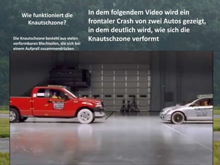 Wie funktioniert die
Knautschzone?
In dem folgendem Video wird ein
frontaler Crash von zwei Autos gezeigt,
in dem deutlich wird, wie sich die
Knautschzone verformtDie Knautschzone besteht aus vielen
verformbaren Blechteilen, die sich bei
einem Aufprall zusammendrücken
lassen, so dass die Insassen des Autos
relativ langsam abgebremst werden.
 