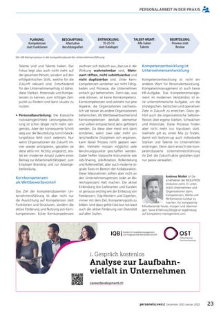 23
personalSCHWEIZ Dezember 2021-Januar 2022
PERSONALARBEIT IN DER PRAXIS
Talente sind und Talente haben. Der
Fokus liegt also auch nicht mehr auf
der gesamten Person, sondern auf den
erfolgskritischen Skills, welche für die
Zukunft relevant sind. Entscheidend
für den Unternehmenserfolg ist daher,
diese Stärken, Potenziale und Kompe-
tenzen zu kennen, zum richtigen Zeit-
punkt zu fördern und dann situativ zu
nutzen.
• Personalbeurteilung: Die klassische
rückwärtsgerichtete Leistungsbeurtei-
lung ist schon länger nicht mehr zeit-
gemäss. Aber der konsequente Schritt
weg von der Beurteilung zum Entwick-
lungsfokus fehlt noch vielerorts. Nur
wenn Organisationen die Zukunft im-
mer wieder antizipieren, gestalten sie
diese aktiv mit. Richtig umgesetzt, leis-
tet ein moderner Ansatz zudem einen
Beitrag zur Arbeitsmarktfähigkeit, zum
Employer Branding und zur Arbeitge-
berbindung.
Kernkompetenzen
als Wettbewerbsvorteil
Das Ziel der kompetenzbasierten Un-
ternehmensführung ist aber nicht nur
die Ausrichtung auf Kompetenzen statt
Funktionen und Strukturen, sondern die
aktive Förderung und Nutzung von Kern-
kompetenzen. Echte Kernkompetenzen
zeichnen sich dadurch aus, dass sie in der
Wirkung wahrnehmbar sind, Mehr-
wert stiften, nicht substituierbar und
nicht duplizierbar sind. Unter Kern-
kompetenzen verstehen wir nicht Fähig-
keiten und Prozesse, die Unternehmen
einfach gut beherrschen. Denn das, was
viele können, ist keine Kernkompetenz.
Kernkompetenzen sind vielmehr nur jene
Aspekte, die Organisationen nachweis-
lich viel besser als andere Organisationen
beherrschen. Als Wettbewerbsvorteil sind
Kernkompetenzen deshalb elementar
und sollten entsprechend aktiv gefördert
werden. Da diese aber meist erst dann
entstehen, wenn zwei oder mehr un-
terschiedliche Disziplinen sich ergänzen,
kann dieser Prozess nicht geplant wer-
den. Vielmehr müssen möglichst viele
Berührungspunkte geschaffen werden.
Dabei helfen klassische Instrumente wie
Job-Sharing, Job-Rotation, Rollenteilung
und Rollenvielfalt, aber auch moderne di-
gitale Tools im Bereich der Kollaboration.
Diese Massnahmen sollten aber nicht an
den Unternehmensgrenzen (oder an Be-
reichsgrenzen) Halt machen. Die aktive
Einbindung von Lieferanten und Kunden
ist genauso wichtig wie der Einbezug von
Freelancern, Gig-Workern und Experten,
immer mit dem Ziel, Kompetenzpools zu
bilden. Und dazu gehört last but not least
auch die aktive Förderung von Diversität
auf allen Stufen.
Kompetenzentwicklung ist
Unternehmensentwicklung
Kompetenzentwicklung ist nicht ein
anderes Wort für Personalentwicklung.
Kompetenzmanagement ist auch keine
HR-Aufgabe. Das Kompetenzmanage-
ment im modernen Verständnis ist ei-
ne unternehmerische Aufgabe, um die
strategischen, taktischen und operativen
Ziele in Zukunft zu erreichen. Dazu ge-
hört auch die organisatorische Selbstre-
ﬂexion über eigene Stärken, Schwächen
und Potenziale. Diese Prozesse ﬁnden
aber nicht mehr nur top-down statt.
Vielmehr gilt es, einen Mix zu ﬁnden,
damit sich bottom-up auch individuelle
Stärken und Talente ins Unternehmen
einbringen. Denn dann erreicht die kom-
petenzbasierte Unternehmensführung
ihr Ziel: die Zukunft aktiv gestalten statt
nur passiv verwalten.
careerdevelopment.ch
1. Gespräch kostenlos
Analyse zur Laufbahn-
vielfalt in Unternehmen
Institut für Qualitätsmanagement
und Angewandte Betriebswirtschaft
IQB
PLANUNG:
Kompetenzen
statt Funktionen
BESCHAFFUNG:
Alternative
Berufsbiografien
ENTWICKLUNG:
70-20-10
statt Katalogen
TALENT-MGMT:
Alle haben
Talente
BEURTEILUNG:
Preview statt
Review
Die HR-Kernprozesse in der kompetenzbasierten Unternehmensführung
Andreas Mollet ist Ge-
schäftsleiter der INOLUTION
(inolution.com). Er unter-
stützt Unternehmen und
Organisationen darin,
Kompetenzen, Werte und
Performance nutzbar zu
machen, für kompetente
Mitarbeitende heute, morgen und übermor-
gen. Seine Erfahrung bloggt er regelmässig
auf kompetenz-management.com.
 