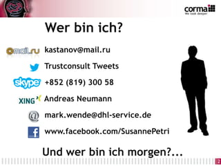 kastanov@mail.ru
Trustconsult Tweets
+852 (819) 300 58
Andreas Neumann
mark.wende@dhl-service.de
www.facebook.com/SusannePetri
Und wer bin ich morgen?...
Wer bin ich?
2
 