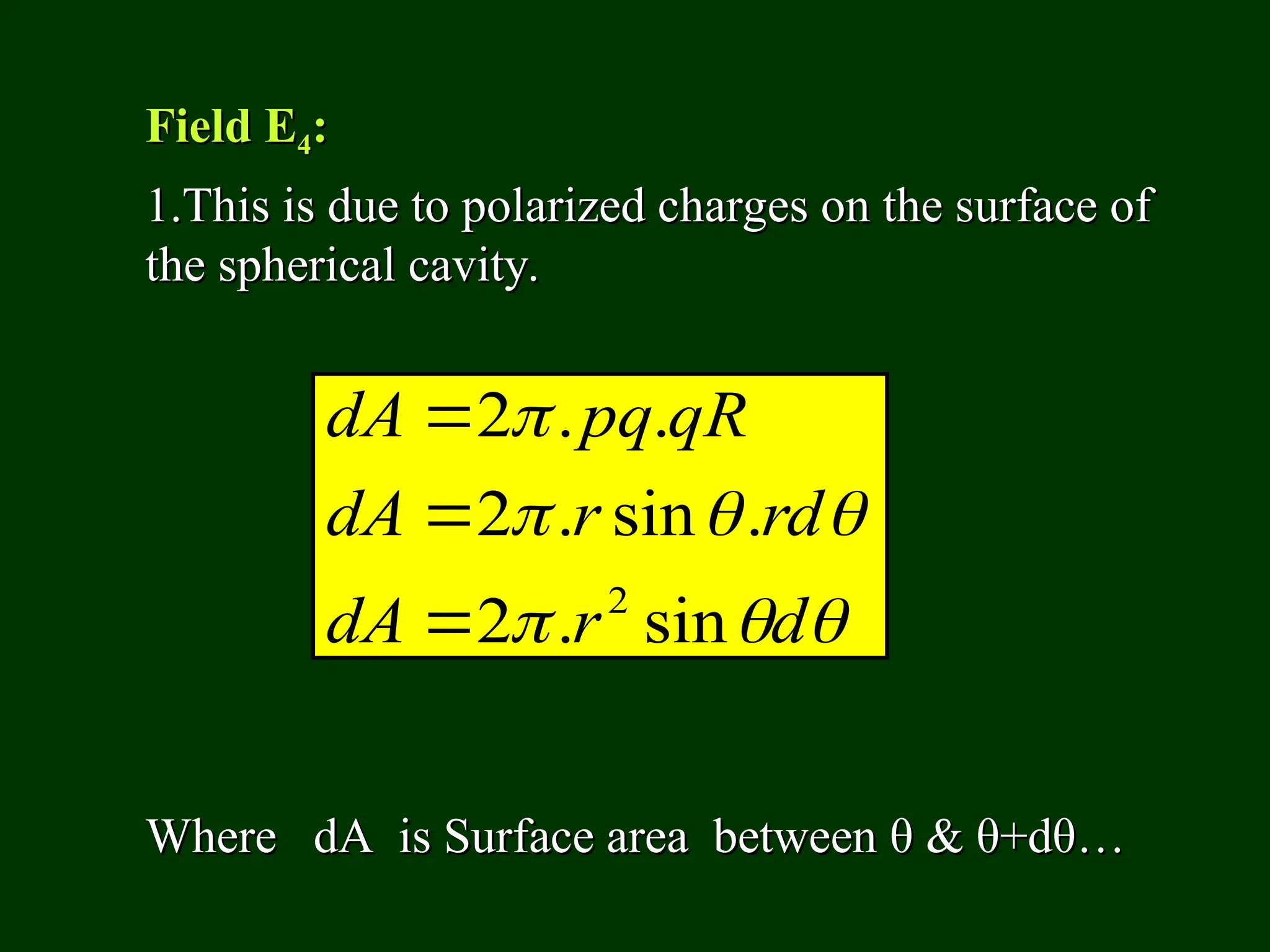 Field E
Field E4
4:
:
1.This is due to polarized charges on the surface of
1.This is due to polarized charges on the surface of
the spherical cavity.
the spherical cavity.
Where dA is Surface area between
Where dA is Surface area between θ
θ &
& θ
θ+d
+dθ
θ…
…







d
r
dA
rd
r
dA
qR
pq
dA
sin
.
2
.
sin
.
2
.
.
2
2



 