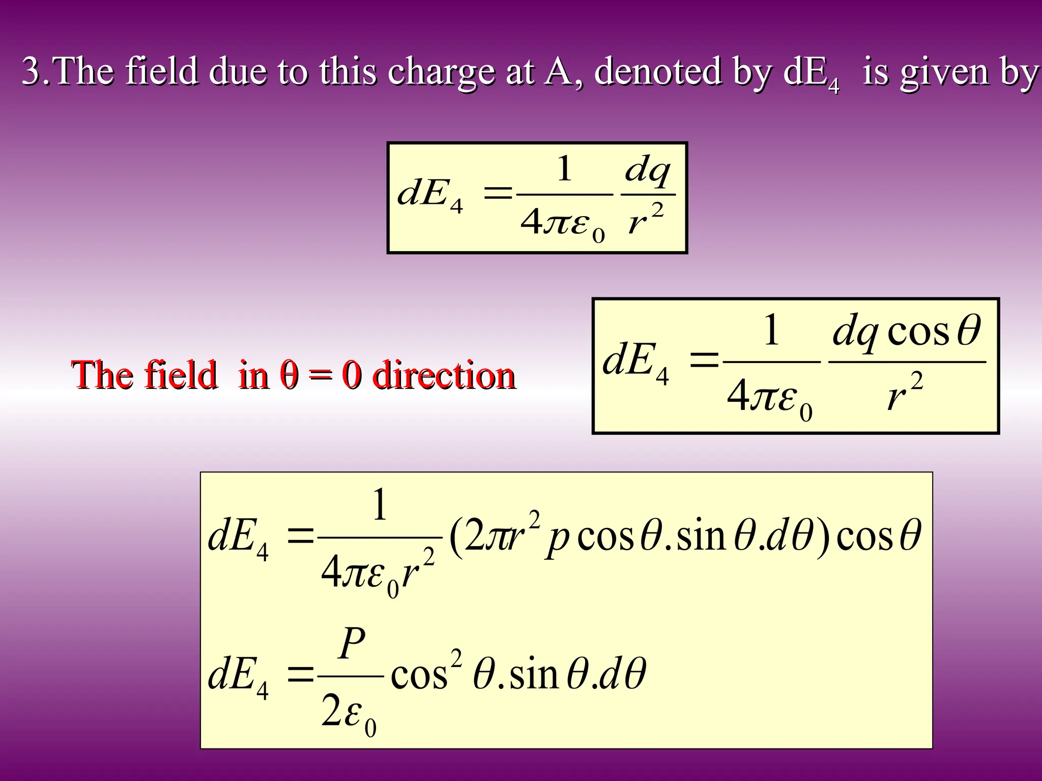 3.The field due to this charge at A, denoted by dE
3.The field due to this charge at A, denoted by dE4
4 is given by
is given by
2
0
4
4
1
r
dq
dE


The field in
The field in θ
θ = 0
= 0 direction
direction 2
0
4
cos
4
1
r
dq
dE













d
P
dE
d
p
r
r
dE
.
sin
.
cos
2
cos
)
.
sin
.
cos
2
(
4
1
2
0
4
2
2
0
4


 