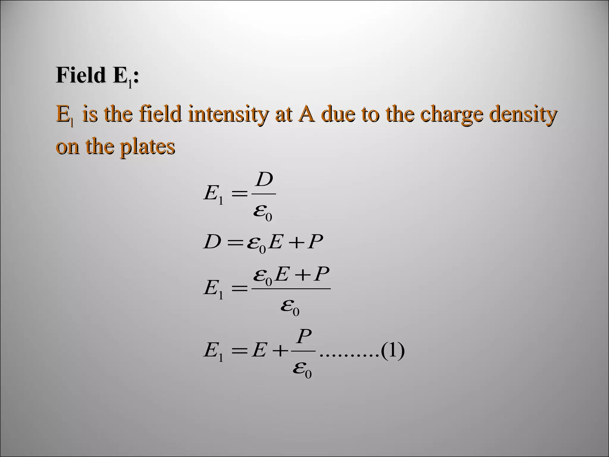 Field E1:
E1 is the field intensity at A due to the charge density
on the plates
E1 =

D

ε0
D = ε0 E + P
ε0 E + P
E1 =
ε0
E1 = E +

P

ε0

..........(1)

 