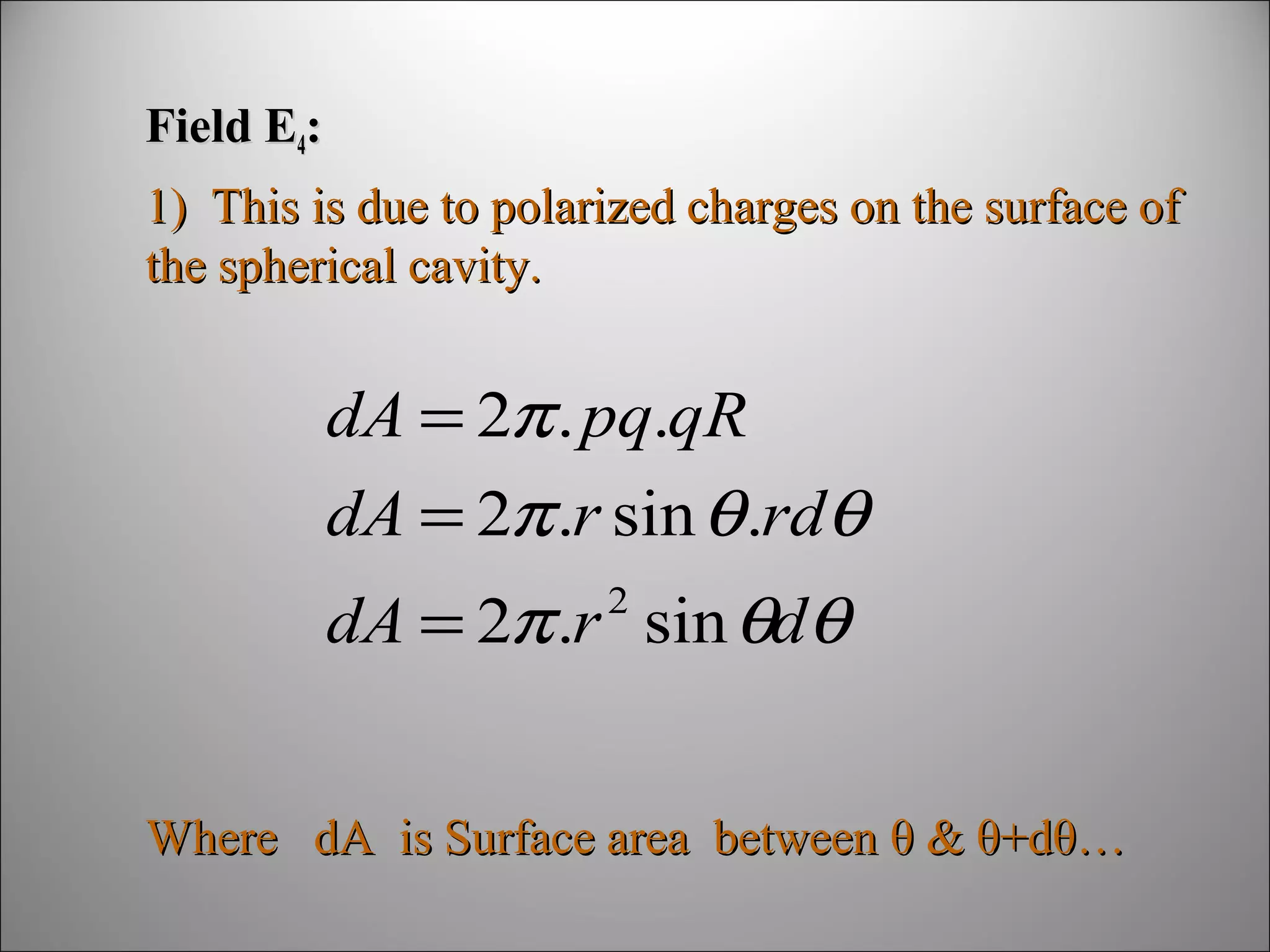 Field E4:
1) This is due to polarized charges on the surface of
the spherical cavity.

dA = 2π . pq.qR
dA = 2π .r sin θ .rdθ
dA = 2π .r sin θdθ
2

Where dA is Surface area between θ & θ+dθ…

 