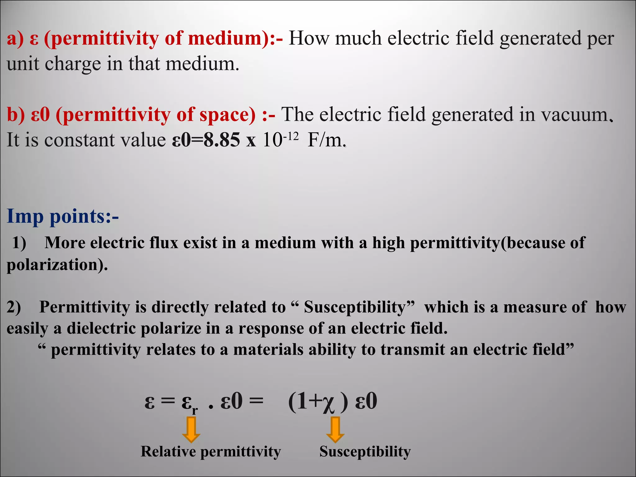 a) ε (permittivity of medium):- How much electric field generated per
unit charge in that medium.
b) ε0 (permittivity of space) :- The electric field generated in vacuum.
It is constant value ε0=8.85 x 10-12 F/m.
Imp points:1) More electric flux exist in a medium with a high permittivity(because of
polarization).
2) Permittivity is directly related to “ Susceptibility” which is a measure of how
easily a dielectric polarize in a response of an electric field.
“ permittivity relates to a materials ability to transmit an electric field”

ε = εr . ε0 = (1+χ ) ε0
Relative permittivity

Susceptibility

 