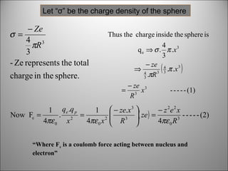 Let “σ” be the charge density of the sphere

− Ze
σ=
4 3
πR
3
- Ze represents the total
charge in the sphere.

Thus the charge inside the sphere is
4
q e ⇒ σ . π .x 3
3
− ze 4
⇒ 4
.π .x 3
.πR 3 3
3

(

=

− ze 3
x
3
R

)

- - - - - (1)

1 qe .q p
1  − ze.x 3 
− z 2e 2 x

( ze ) =
Now Fc =
. 2 =
- - - - - (2)
2 
3
3

4πε 0 x
4πε 0 x  R 
4πε 0 R
“Where Fc is a coulomb force acting between nucleus and
electron”

 