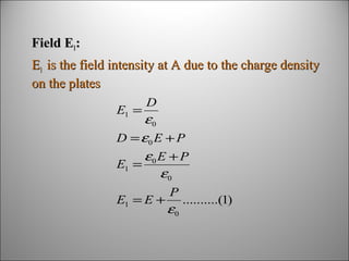 Field E1:
E1 is the field intensity at A due to the charge density
on the plates
E1 =

D

ε0
D = ε0 E + P
ε0 E + P
E1 =
ε0
E1 = E +

P

ε0

..........(1)

 