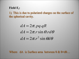 Field E4:
1) This is due to polarized charges on the surface of
the spherical cavity.

dA = 2π . pq.qR
dA = 2π .r sin θ .rdθ
dA = 2π .r sin θdθ
2

Where dA is Surface area between θ & θ+dθ…

 
