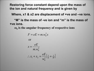 Restoring force constant depend upon the mass of
the ion and natural frequency and is given by
Where, x1 & x2 are displacement of +ve and –ve ions.
“M” is the mass of -ve ion and “m” is the mass of
+ve ions.
ω0 is the angular frequency of respective ions
2
F = eE = m.w0 x

or
eE
x=
2
m.w0
∴ x1 + x2 =

eE 1 1
[ + M]
2 m
w0

 