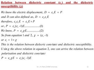 Dr. L. N. Patro, GITAM University 12
Relation between dielectric constant (εr) and the dielectric
susceptibility (χ)
,
,
,
, ( -1) .....................(1)
, ..................(2)
o
o r
o r o
o r
o
We know the electric displacement D E P
and D can also defined as D E
therefore E E P
or P E
We know P E
So from equatio

 
  
 
 
= +
=
= +
=
=
1 2, ( -1)
1
tan .
sin 2,
r
r
n and
or
This is the relation between dielecric cons t and dielectric susceptibility
U g the above relation in equation one can arrive the relation between
polarisation an
 
 
=
= +
tan
( -1)
o o r
d dielectric cons t
P E E
   
= =
 