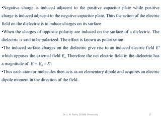 Dr. L. N. Patro, GITAM University 17
•Negative charge is induced adjacent to the positive capacitor plate while positive
charge is induced adjacent to the negative capacitor plate. Thus the action of the electric
field on the dielectric is to induce charges on its surface
•When the charges of opposite polarity are induced on the surface of a dielectric. The
dielectric is said to be polarized. The effect is known as polarization.
•The induced surface charges on the dielectric give rise to an induced electric field Eʹ
which opposes the external field Eo. Therefore the net electric field in the dielectric has
a magnitude of E = E0 – Eʹ.
•Thus each atom or molecules then acts as an elementary dipole and acquires an electric
dipole moment in the direction of the field.
 