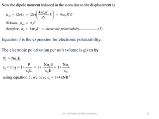 Dr. L. N. Patro, GITAM University 27
3
3
0
0
3
0
4
( ) ( ) 4
,
, 4 ......................(3)
ind
ind e
e
R
Ze x Ze E R E
Ze
Weknow E
therefore R electronic polarisabilty

 
 
 
 
= = =
 
 
=
= =
Now the dipole moment induced in the atom due to the displacement is
Equation 3 is the expression for electronic polarizability.
The electronic polarization per unit volume is given by
e e
e e
r
0 0 0
3
r
P = Nα E
Nα E Nα
P
ε = 1+χ = 1+ = 1+ = 1+
ε E ε E ε
using equation 3, we have ε = 1+4πNR
 