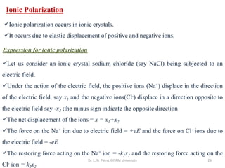 Dr. L. N. Patro, GITAM University 29
Ionic Polarization
✓Ionic polarization occurs in ionic crystals.
✓It occurs due to elastic displacement of positive and negative ions.
Expression for ionic polarization
✓Let us consider an ionic crystal sodium chloride (say NaCl) being subjected to an
electric field.
✓Under the action of the electric field, the positive ions (Na+) displace in the direction
of the electric field, say x1 and the negative ions(Cl-) displace in a direction opposite to
the electric field say -x2 ;the minus sign indicate the opposite direction
✓The net displacement of the ions = x = x1+x2
✓The force on the Na+ ion due to electric field = +eE and the force on Cl- ions due to
the electric field = -eE
✓The restoring force acting on the Na+ ion = -k1x1 and the restoring force acting on the
Cl- ion = k2x2
 