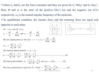 Dr. L. N. Patro, GITAM University 30
✓where k1 and k2 are the force constants and they are given by k1=Mω0
2 and k2=mωo
2.
Here M and m is the mass of the positive (Na+) ion and the negative ion (Cl-)
respectively. ω0 is the natural angular frequency of the molecule.
✓At equilibrium condition, the electric force and the restoring force are equal and
opposite to each other.
1 1 2 2
1 2
2 2
1 0 2 0
1 2 2 2
0 0
2
0
2
0
1 1
1 1
.
eE k x and eE k x
eE eE eE eE
x and x
k M k m
eE eE
The net displacement of the ions x x x
M m
eE
or x
M m
The induced dipole moment ex
eE
e
M m
 
 




= =
= = = =
= = + = +
 
= +
 
 
= =
 
= +
 
 
2
2
0
2
2
0
1 1
..........................................................(1)
1 1
ionic , ( sin ).................(2)
i
i
e E
M m
e
The polarizability ce E
M m
The ionic polarization is given by P

  

 
= +
 
 
 
= + =
 
 
=
2
2
0
1 1
...................(3)
i
Ne
N E E
M m


 
= +
 
 
 