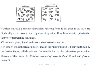 Dr. L. N. Patro, GITAM University 32
✓Unlike ionic and electronic polarization, restoring force do not exist. In this case, the
dipole alignment is counteracted by thermal agitation. Thus the orientation polarization
is strongly temperature dependent.
✓It occurs in gases, liquids and amorphous viscous substances.
✓In case of solids the molecules are fixed at their positions and is highly restricted by
the lattice forces, which controls the contribution to the orientation polarization.
Because of this reason the dielectric constant of water is about 80 and that of ice is
about 10.
 