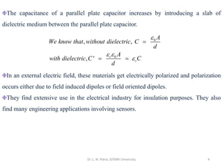 Dr. L. N. Patro, GITAM University 4
The capacitance of a parallel plate capacitor increases by introducing a slab of
dielectric medium between the parallel plate capacitor.
In an external electric field, these materials get electrically polarized and polarization
occurs either due to field induced dipoles or field oriented dipoles.
They find extensive use in the electrical industry for insulation purposes. They also
find many engineering applications involving sensors.
0
0
, ,
, ' r
r
A
We know that without dielectric C
d
A
with dielectric C C
d

 

=
= =
 