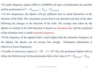 Dr. L. N. Patro, GITAM University 42
✓In audio frequency region (20Hz to 20,000Hz) all types of polarization are possible
and the polarization is P = PElectronic + PIonic + Porientation
✓At low frequencies, the dipoles will get sufficient time to orient themselves in the
direction of the field. This orientation occurs first in one direction and then in the other
following the changes in the direction of the field. The average time taken by the
dipoles to reorient in the field direction is known as relaxation time and the reciprocal
of the relaxation time is called relaxation frequency.
✓If the frequency of the applied field is much higher than the relaxation frequency of
the dipoles, the dipoles can not reverse fast enough. Orientation polarization is
effective at lower frequencies.
✓Usually in microwave region (3 × 109 – 3 × 1012 Hz), the permanent dipoles fails to
follow the field reversal. So the polarization falls to the value of P = PElectronic + PIonic
 